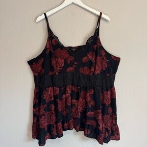 Torrid Size 4 4X Rose Floral Lace Trim Cami Top Smocked‎ Back Goth Boho